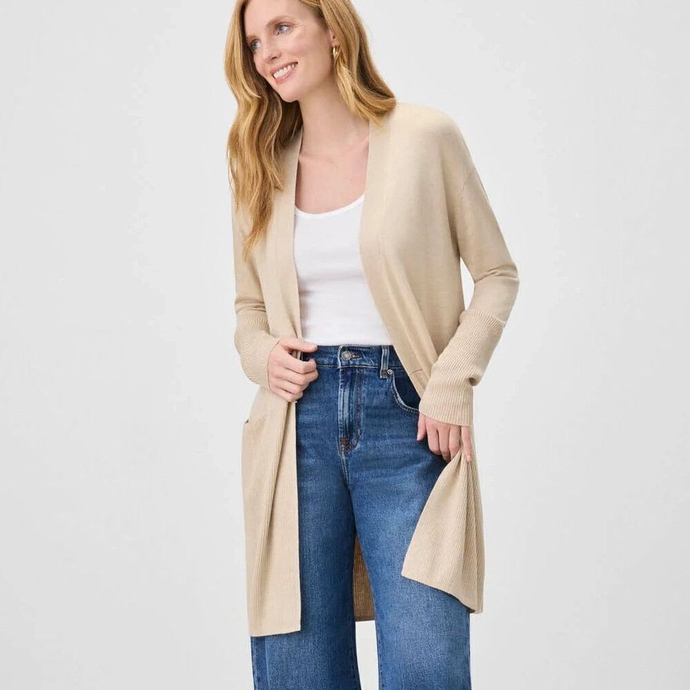 Splendid Retreat Cashmere Blend Cardigan Sweater Medium Beige Knit Open Longline